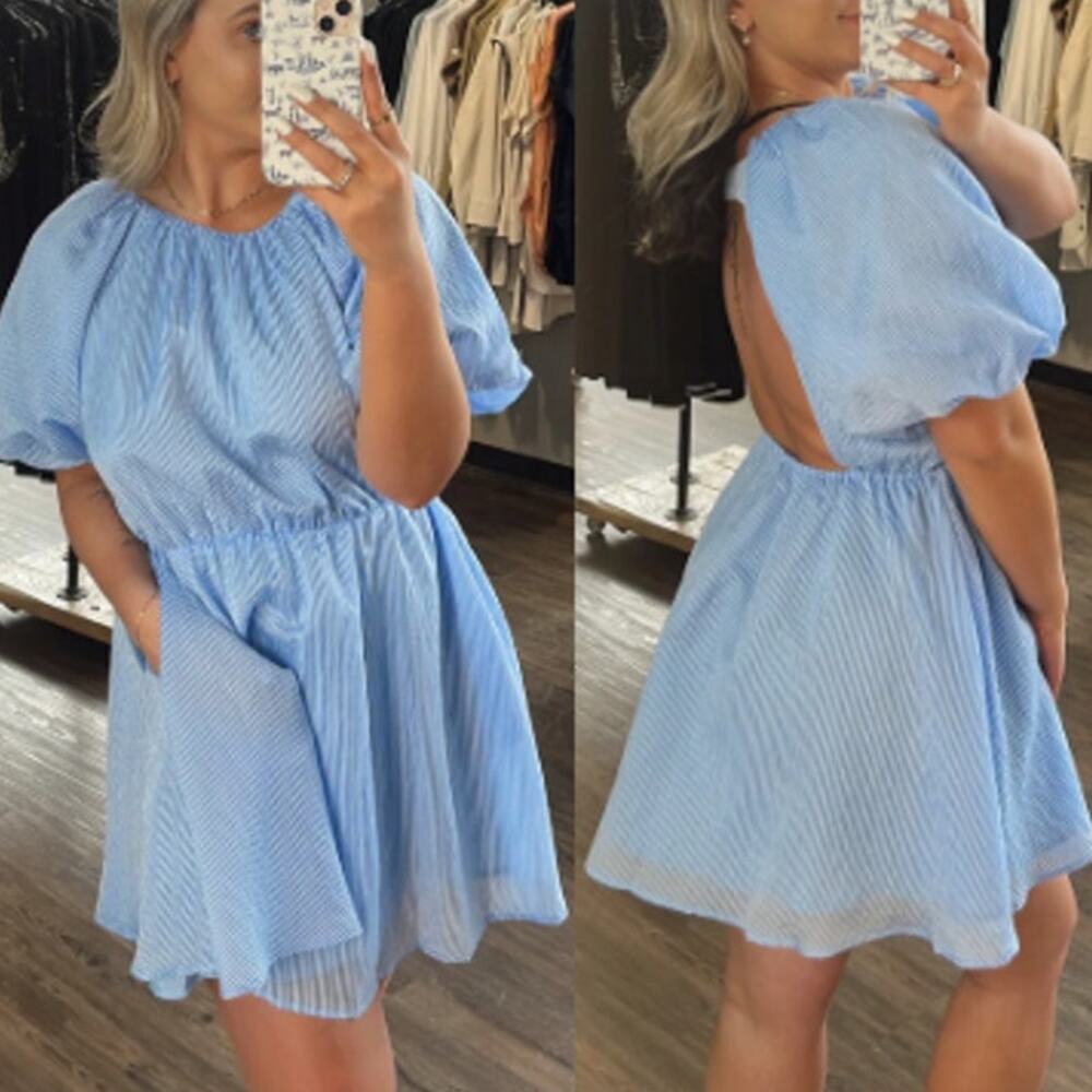 THML Striped Puff Sleeve Elastic Waist Open Back Mini Dress Blue Women's Small